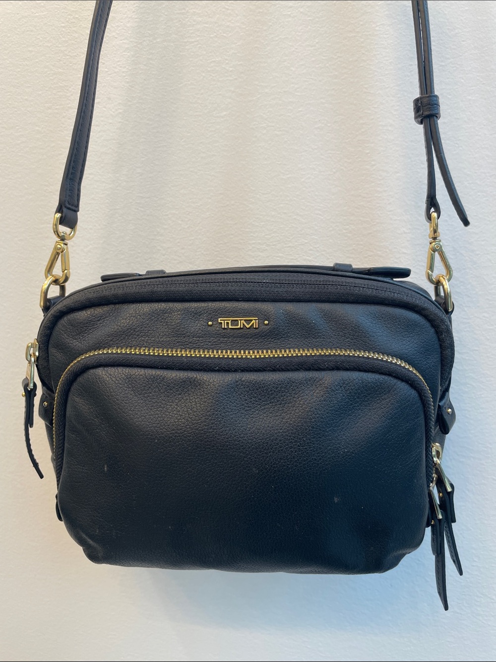 Tumi Black Leather Crossbody with Gold Hardware